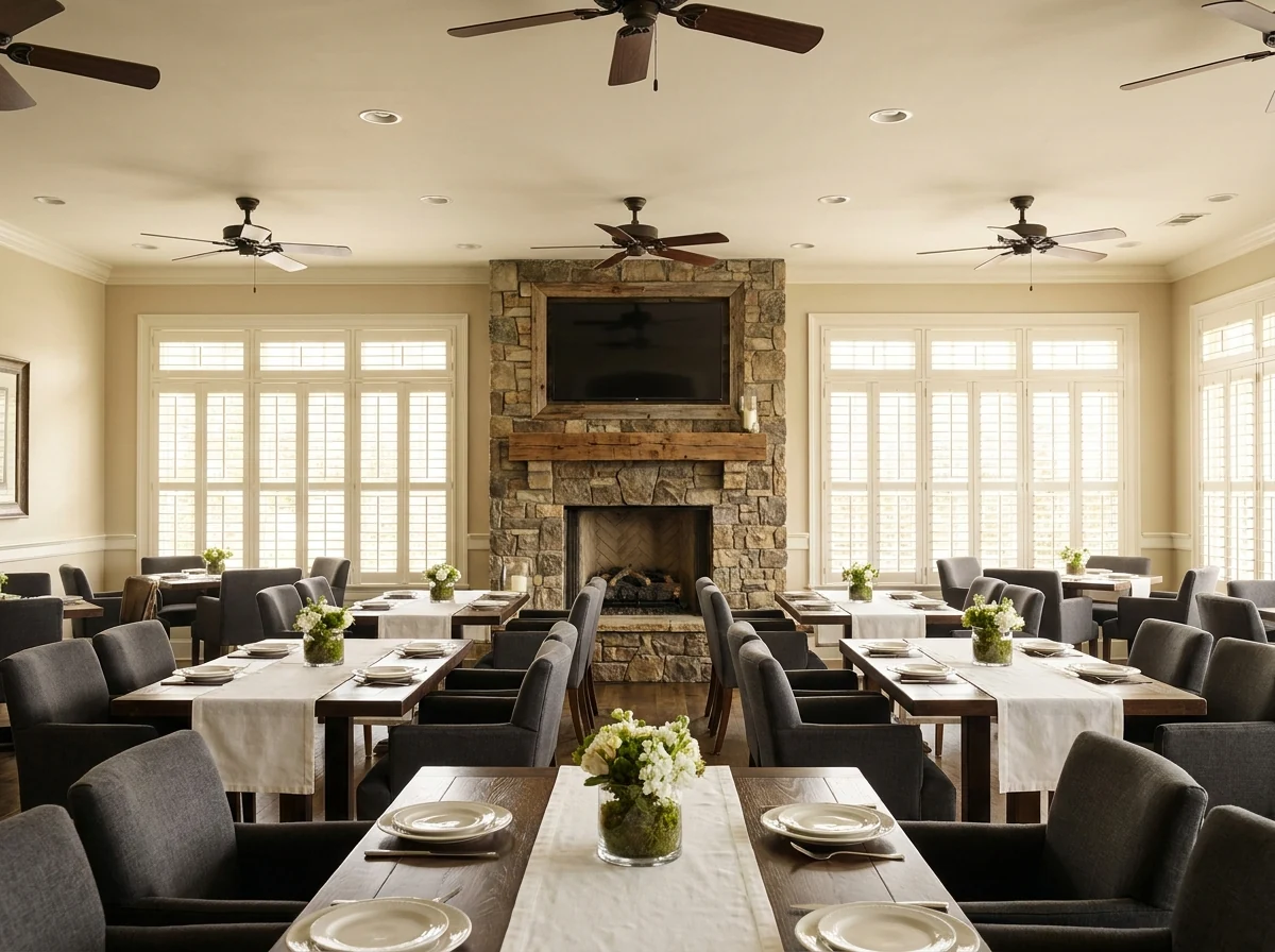 The Orchard clubhouse dining room with stone fireplace, warm lighting, and panoramic windows overlooking the course